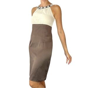 New Y2K Brown Satin Beige Chiffon Beaded Neckline Sleeveless Sheath Dress.